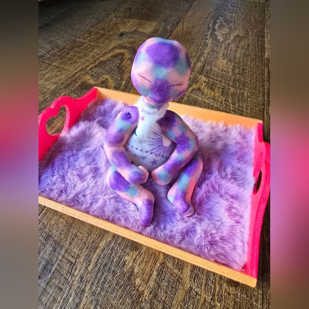 Handmade Alien Girl Polymer Clay Doll and Crib